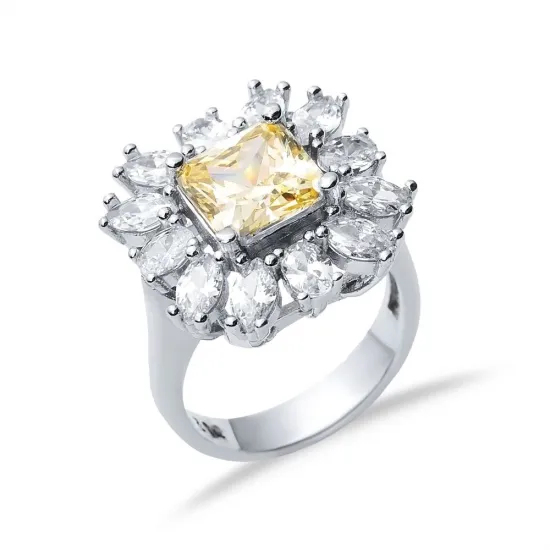 Rectangle Citrine CZ Cluster Sterling Silver Ring Rectangle Citrine CZ Cluster Sterling Silver Ring