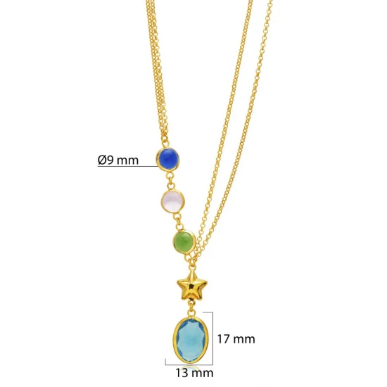 Star Colorful Quartz Gold Bezel 925 Silver Necklace | 925 Sterling Silver Wholesale | Sade Silver Star Colorful Quartz Gold Bezel 925 Silver Necklace - Sade 925 Silver Jewelry