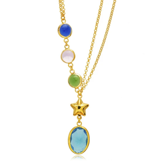 Star Colorful Quartz Gold Bezel 925 Silver Necklace | 925 Sterling Silver Wholesale | Sade Silver Star Colorful Quartz Gold Bezel 925 Silver Necklace - Sade 925 Silver Jewelry