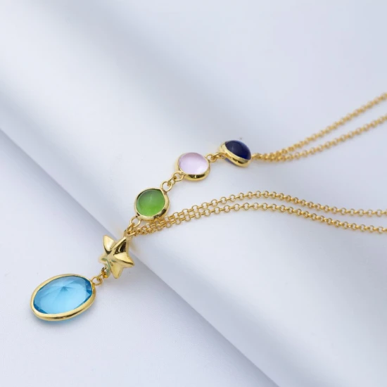 Star Colorful Quartz Gold Bezel 925 Silver Necklace | 925 Sterling Silver Wholesale | Sade Silver Star Colorful Quartz Gold Bezel 925 Silver Necklace - Sade 925 Silver Jewelry