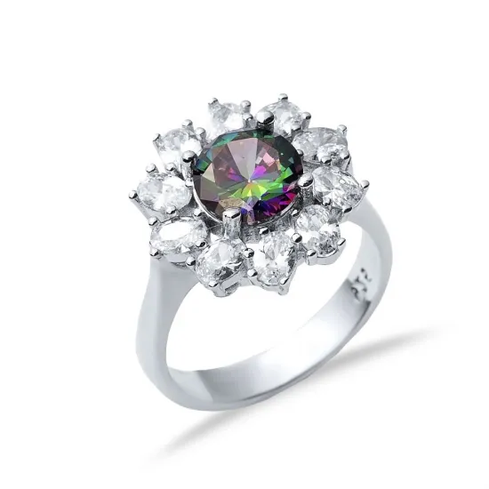 Round Mystic Topaz CZ Cluster 925 Sterling Silver Ring Round Mystic Topaz CZ Cluster 925 Sterling Silver Ring