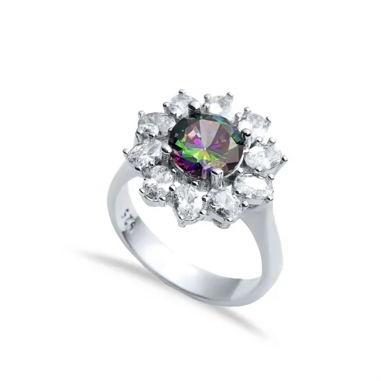 Round Mystic Topaz CZ Cluster 925 Sterling Silver Ring Round Mystic Topaz CZ Cluster 925 Sterling Silver Ring