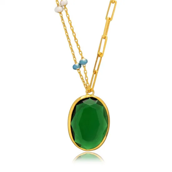 Oval Emerald Quartz Blue Enamel Gold Bezel Silver Necklace Oval Emerald Quartz Blue Enamel Gold Bezel Silver Necklace