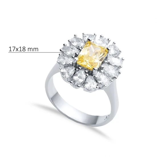Rectangle Citrine CZ Cluster 925 Silver Ring Rectangle Citrine CZ Cluster 925 Silver Ring