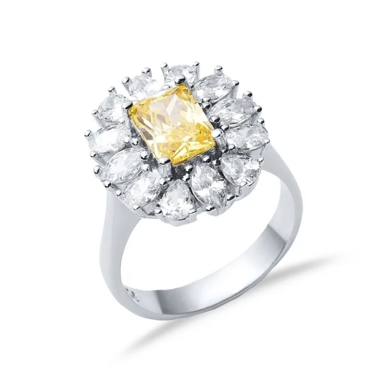 Rectangle Citrine CZ Cluster 925 Silver Ring Rectangle Citrine CZ Cluster 925 Silver Ring