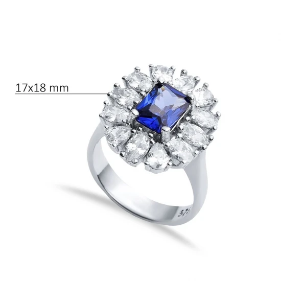 Rectangle Sapphire CZ Cluster 925 Silver Ring | 925 Sterling Silver Wholesale | Sade Silver Rectangle Sapphire CZ Cluster 925 Silver Ring - Sade 925 Silver Jewelry