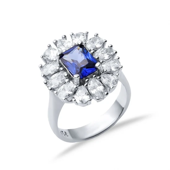 Rectangle Sapphire CZ Cluster 925 Silver Ring | 925 Sterling Silver Wholesale | Sade Silver Rectangle Sapphire CZ Cluster 925 Silver Ring - Sade 925 Silver Jewelry