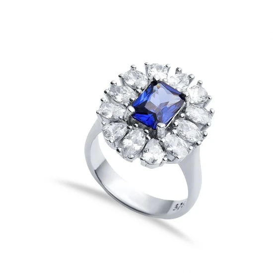 Rectangle Sapphire CZ Cluster 925 Silver Ring | 925 Sterling Silver Wholesale | Sade Silver Rectangle Sapphire CZ Cluster 925 Silver Ring - Sade 925 Silver Jewelry