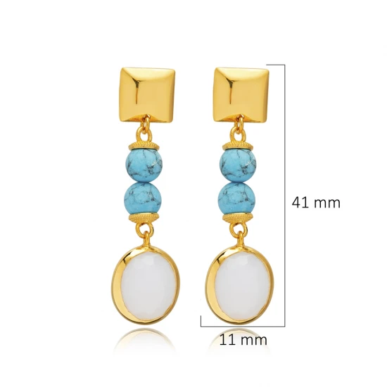 White Quartz Blue Beaded Long Sterling Silver Earrings White Quartz Blue Beaded Long Sterling Silver Earrings