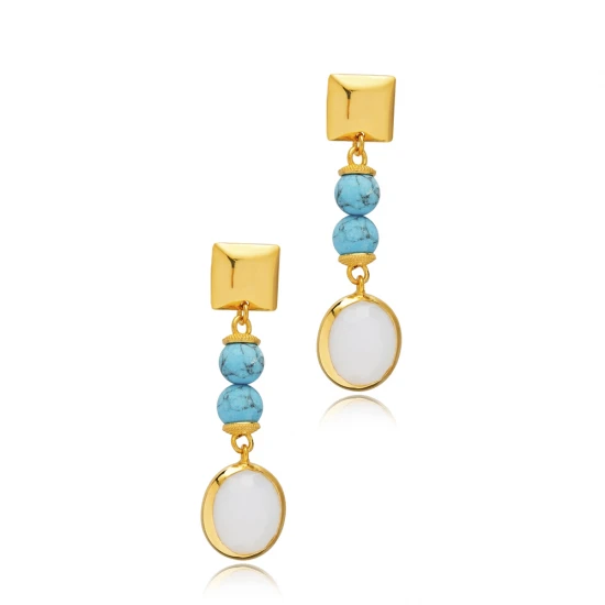 White Quartz Blue Beaded Long Sterling Silver Earrings White Quartz Blue Beaded Long Sterling Silver Earrings