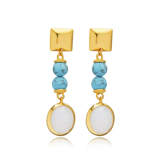 White Quartz Blue Beaded Long Sterling Silver Earrings White Quartz Blue Beaded Long Sterling Silver Earrings