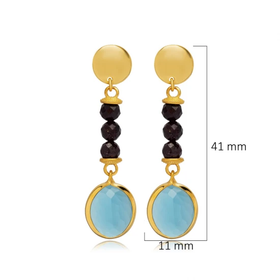 Aquamarine Quartz Black Beaded Long 925 Silver Earrings - Sade 925 Silver Jewelry