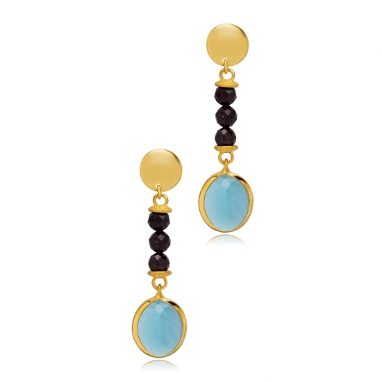 Aquamarine Quartz Black Beaded Long 925 Silver Earrings - Sade 925 Silver Jewelry