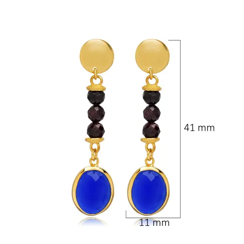 Sapphire Quartz Black Beaded Long 925 Silver Earrings