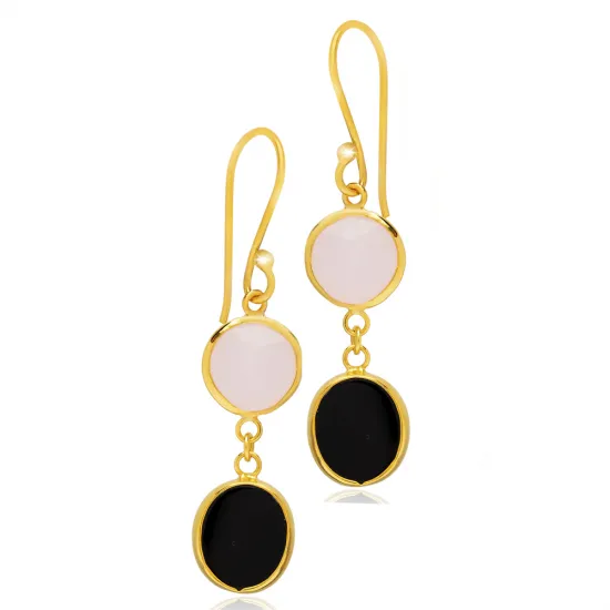 Pink and Black Quartz Gold Bezel 925 Silver Earring Pink and Black Quartz Gold Bezel 925 Silver Earring