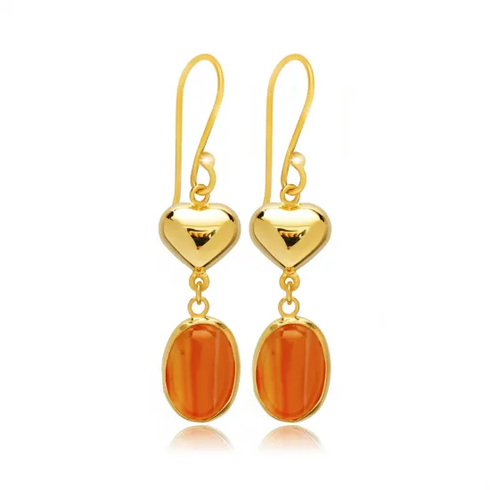 Tiger Eye Oval Plain Heart Gold Bezel 925 Silver Hook Earrings Tiger Eye Oval Plain Heart Gold Bezel 925 Silver Hook Earrings
