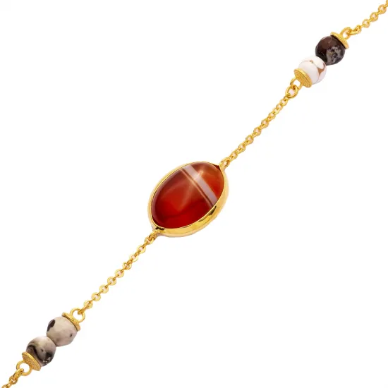 Tiger Eye Quartz Oval Gold Bezel 925 Silver Bracelet
