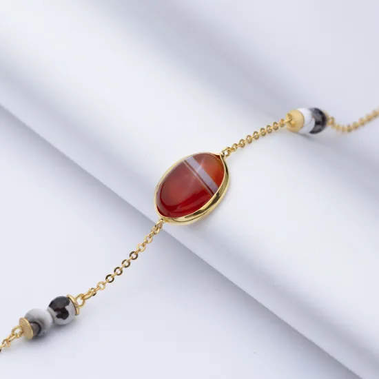 Tiger Eye Quartz Oval Gold Bezel 925 Silver Bracelet