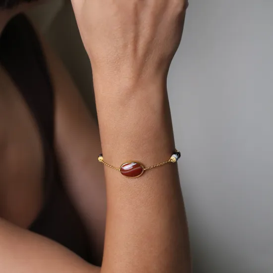 Tiger Eye Quartz Oval Gold Bezel 925 Silver Bracelet