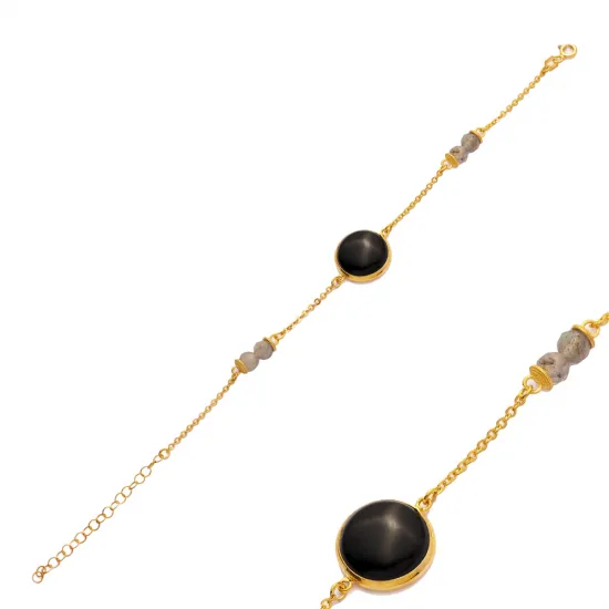 Black Quartz Round Gold Bezel Sterling Silver Bracelet