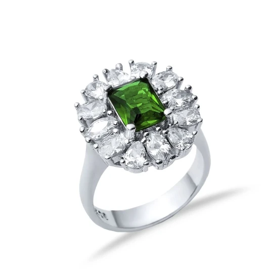 Rectangle Emerald CZ Cluster 925 Silver Ring | 925 Sterling Silver Wholesale | Sade Silver Rectangle Emerald CZ Cluster 925 Silver Ring - Sade 925 Silver Jewelry