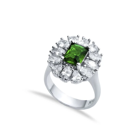 Rectangle Emerald CZ Cluster 925 Silver Ring | 925 Sterling Silver Wholesale | Sade Silver Rectangle Emerald CZ Cluster 925 Silver Ring - Sade 925 Silver Jewelry