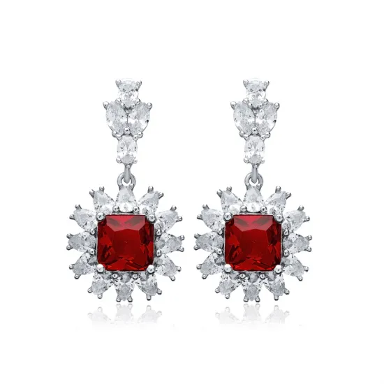 Square Garnet CZ Flower Cluster 925 Silver Earrings Square Garnet CZ Flower Cluster 925 Silver Earrings