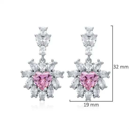 Heart Pink CZ Flower Design Wholesale Silver Cluster Earrings Heart Pink CZ Flower Design Wholesale Silver Cluster Earrings