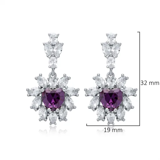 Flower Heart Amethyst CZ Cluster 925 Silver Earrings Flower Heart Amethyst CZ Cluster 925 Silver Earrings