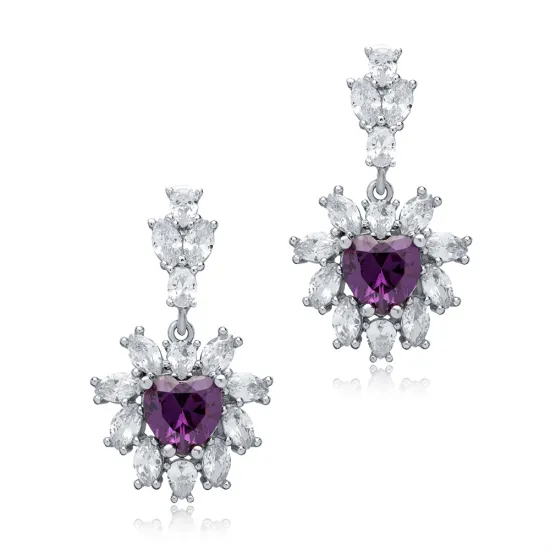 Flower Heart Amethyst CZ Cluster 925 Silver Earrings Flower Heart Amethyst CZ Cluster 925 Silver Earrings