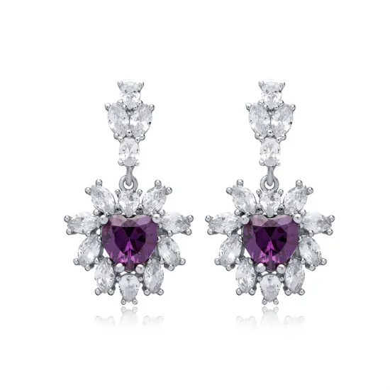 Flower Heart Amethyst CZ Cluster 925 Silver Earrings Flower Heart Amethyst CZ Cluster 925 Silver Earrings