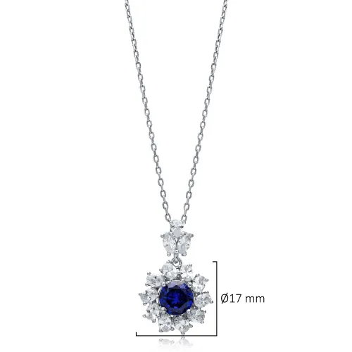 Flower Round Sapphire CZ 925 Sterling Silver Necklace Flower Round Sapphire CZ 925 Sterling Silver Necklace