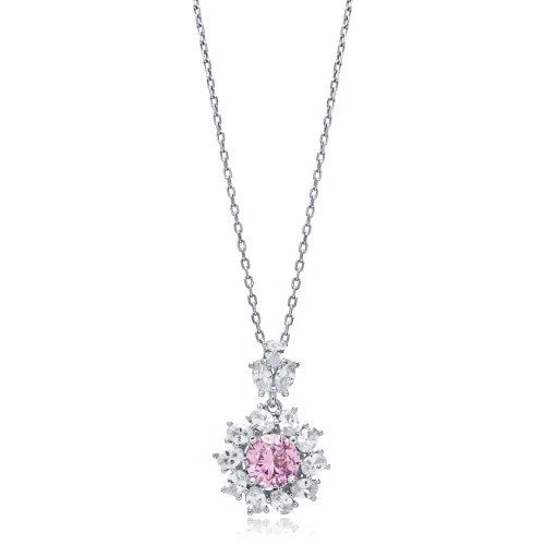 Flower Round Pink CZ 925 Sterling Silver Necklace