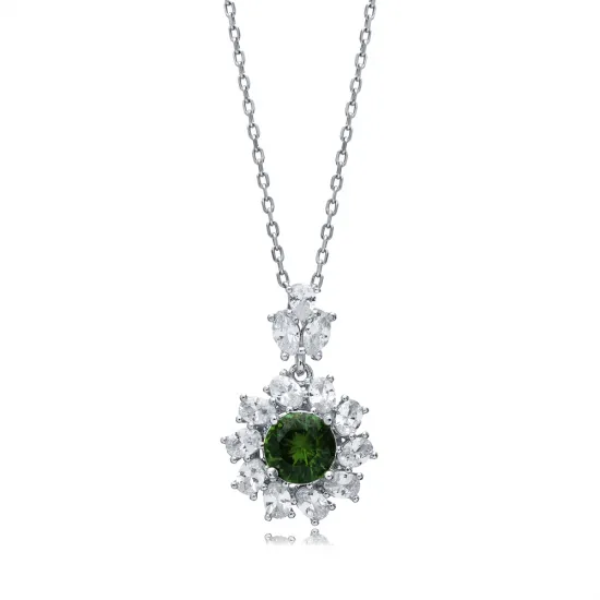 Flower Round Emerald CZ 925 Sterling Silver Necklace Flower Round Emerald CZ 925 Sterling Silver Necklace