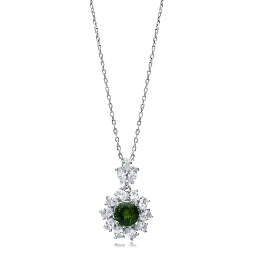 Flower Round Emerald CZ 925 Sterling Silver Necklace