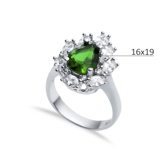 Emerald CZ Pear Drop Shape Cluster Stony Silver Ring Emerald CZ Pear Drop Shape Cluster Stony Silver Ring