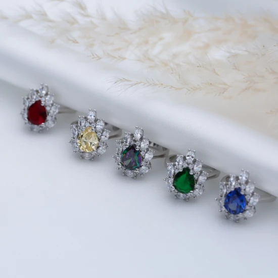 Emerald CZ Pear Drop Shape Cluster Stony Silver Ring Emerald CZ Pear Drop Shape Cluster Stony Silver Ring