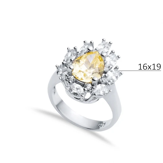 Citrine CZ Pear Drop Shape Cluster Stony Silver Ring
