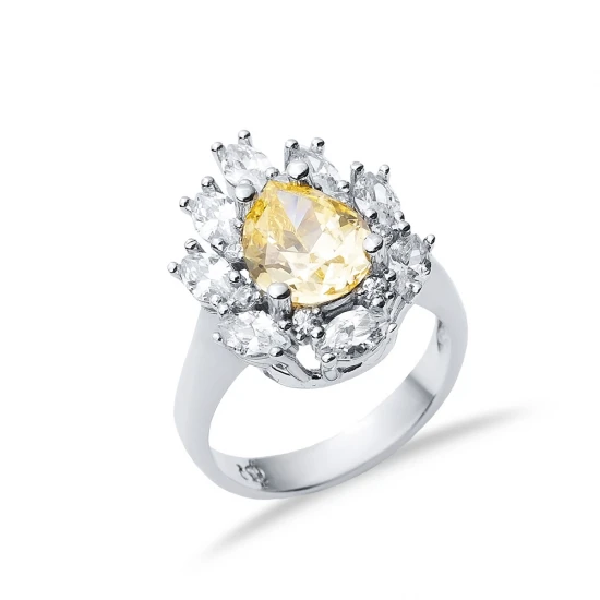 Citrine CZ Pear Drop Shape Cluster Stony Silver Ring