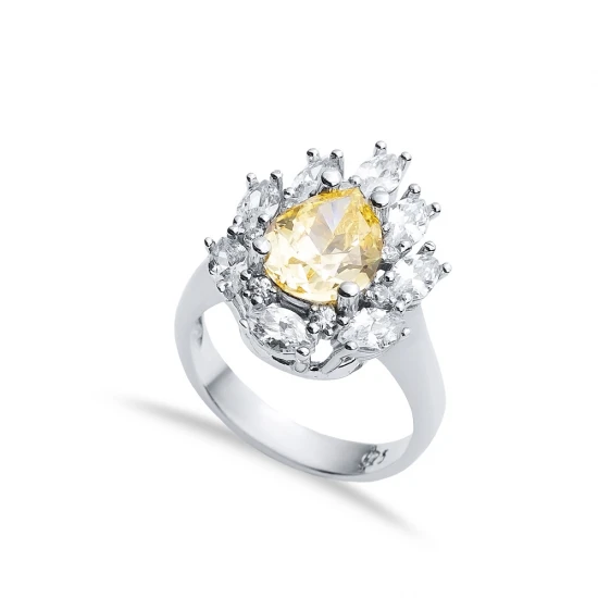 Citrine CZ Pear Drop Shape Cluster Stony Silver Ring