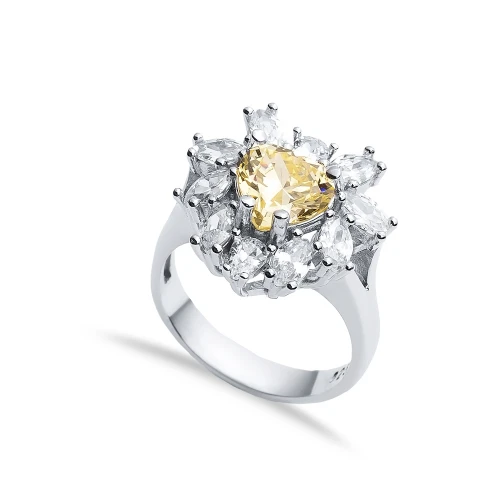 Citrine CZ Heart Cluster Stony 925 Sterling Silver Ring