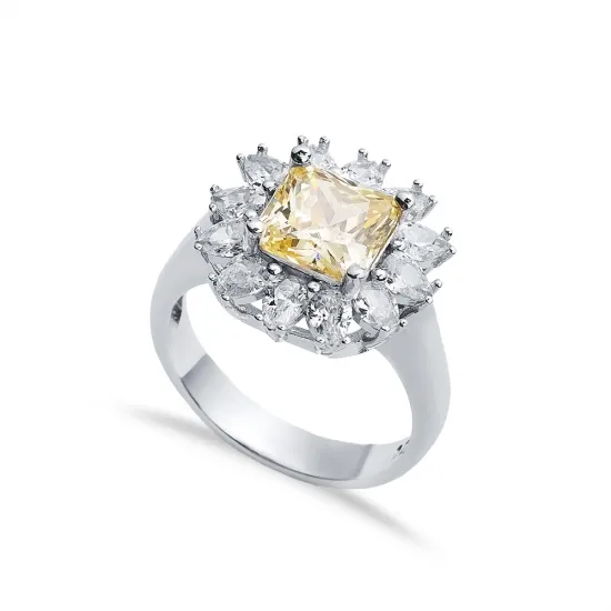 Citrine CZ Stone Square Design Silver Cluster Stony Ring Citrine CZ Stone Square Design Silver Cluster Stony Ring