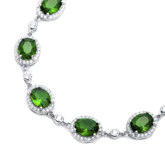 Emerald CZ Oval Shape Stony Sterling Silver Bracelet