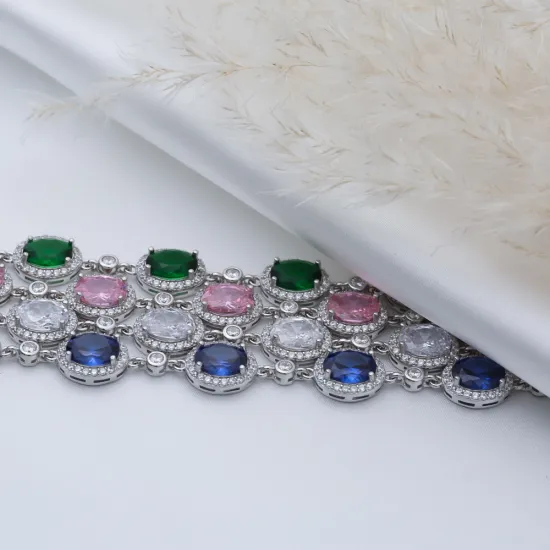Emerald CZ Oval Shape Stony Sterling Silver Bracelet