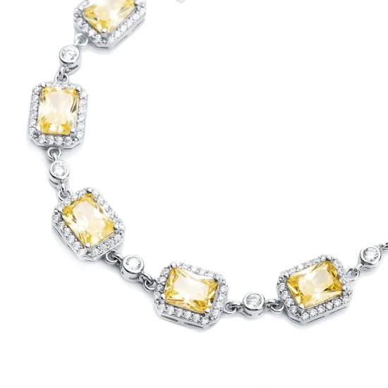 Citrine CZ Square Shape Stony Sterling Silver Bracelet