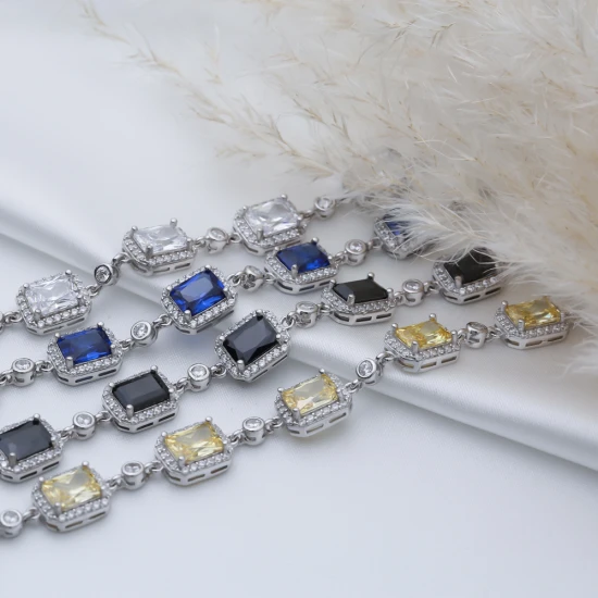 Citrine CZ Square Shape Stony Sterling Silver Bracelet
