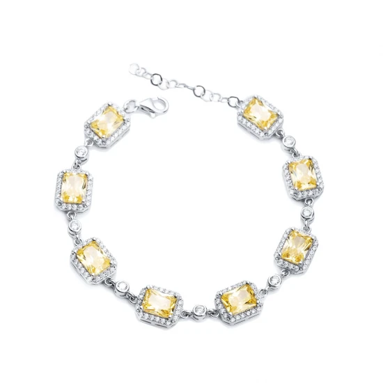 Citrine CZ Square Shape Stony Sterling Silver Bracelet