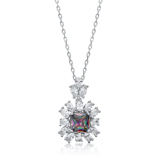 Square Mystic Topaz CZ Flower Sterling Silver Necklace