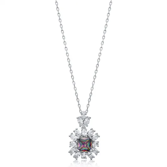 Square Mystic Topaz CZ Flower Sterling Silver Necklace