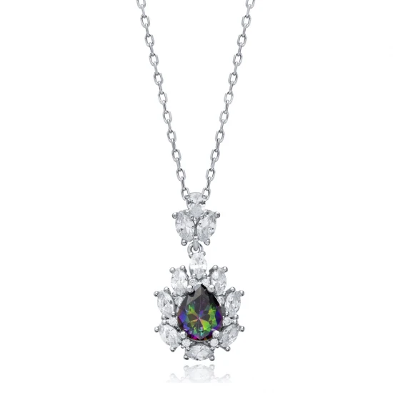 Pear Mystic Topaz CZ Flower Sterling Silver Necklace Pear Mystic Topaz CZ Flower Sterling Silver Necklace